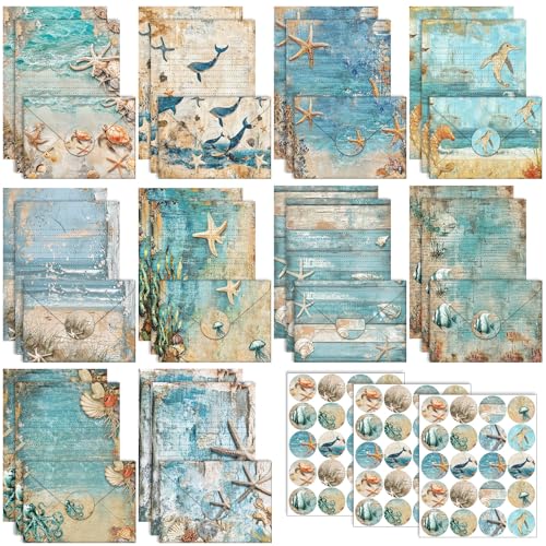Image of TaoBary 160 Pcs Ocean Stationery Paper and Envelopes Set 50 Double Sided Lined Stationery Paper with 50 Matching Envelopes and 60 Round Dot Sticker 5.5 x 8.25'' Letter Writing Kit, 10design