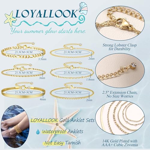 Image of LOYALLOOK Ankle Bracelets for Women Waterproof, 14K Gold Plated Cuban Figaro Link Chain Anklets Non Tarnish, Dainty Layered Anklet Bracelets Adjustable Summer Beach Foot Jewelry