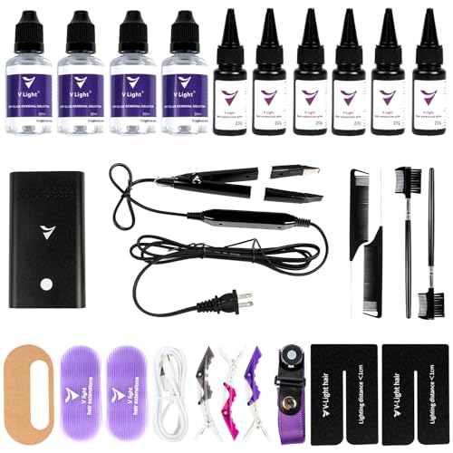 V Light Hair Extensions Kit V-Light hair Extension Machine*1, Remover Machine*1, UV Glue 20g * 6, Remover Solution 20ml * 4(Black Machine Set)