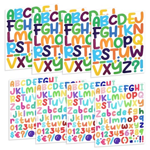 476 Pieces 8 Sheets Colorful Letters Stickers, 1 inch 2 inch Self Adhesive Alphabet Numbers Stickers, Waterproof Vinyl Letter Decals for Helmet Mailboxes Scrapbook Poster DIY Decoration Arts Crafts