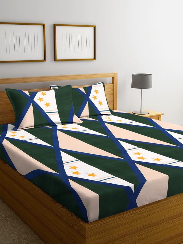 Image of la'amour 250 Tc Glace Cotton Super Soft Flat Double Bed Bedsheets with 2 Pillow Covers for Bed King Size (Size-90 X 100 Inch) (Green and Beige)