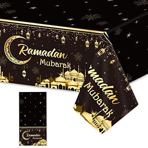 Image of 1PC Ramadan Mubarak Tablecloths Eid Mubarak Table Decorations Ramadan Kareem Party Supplies Black and Golden Rectangle Table Cover for Eid Al-fitr Party Favors