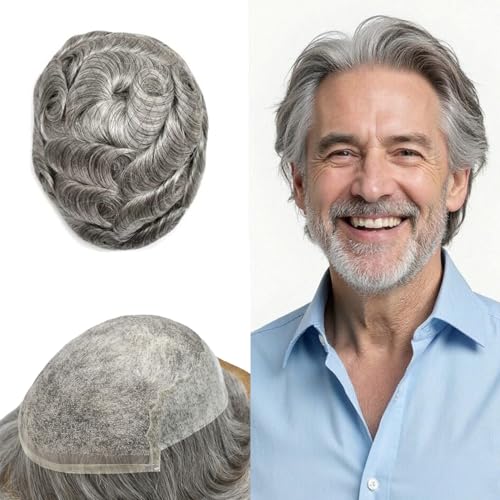 Toupee for Men Hair Replacement Systems Swiss Lace Front Mens Toupee Bleached Knot Natural Human Hair Piece (1B80# Off Black with 80% Synthetic Grey, 7x9-90% Light Density)