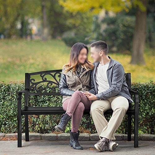 Patio Park Garden Bench, 50" Outdoor Bench Metal Bench With Powder Coated Iron Metal Frame & Floral Ivy Design Backrest, 400Lbs Sturdy Steel Frame Furniture For Yard Porch Entryway Lawn Decor Deck #TOP6