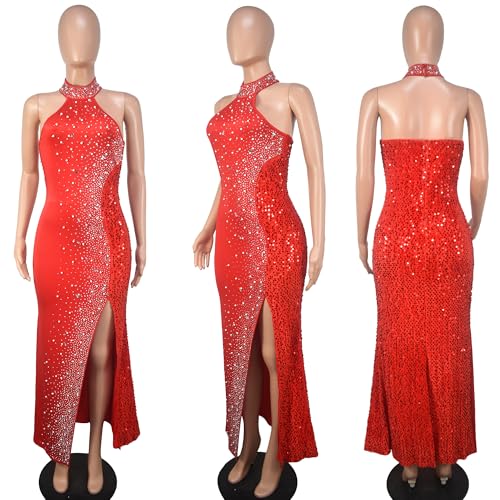 Image of Jigfar Women Sexy Elegant Rhinestone Mesh See Through Party Club Night Split Bodycon Formal Maxi Dress