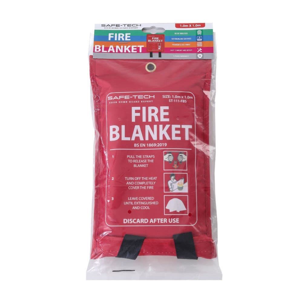 SAFE TECH Fire Blanket, Fire Blanket for Home and Kitchen, Kitchen Fire Blanket with Heat Insulation, Fire Blanket Extinguisher for Car, Boat, 1m x 1m Emergency Fire Blanket for Emergency Survival