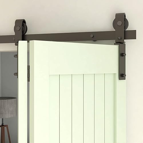 Miniatura 4 de ETIASQSA Kit de herrajes para puerta corrediza de granero plegable de 42 pulgadas3.5 pies, suave y silenciosamente, ahorra espacio, resistente,