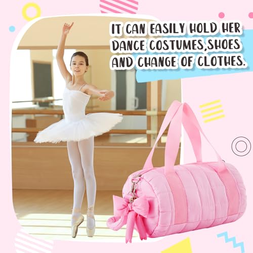 Image of 12.8 Inches Quilted Puffer Ballet Dance Bag Cute Tote Bag with Hanging Bow Pendant for Travel Dancing Dress