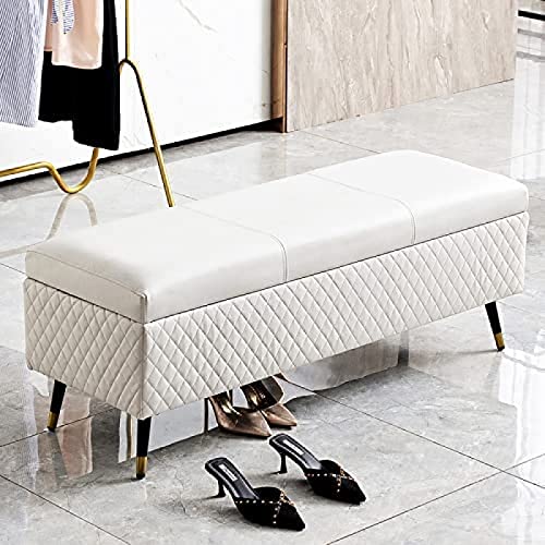 Banco de almacenamiento moderno de cuero blanco para dormitorio, entrada, banco tapizado de alta calidad, 80 x 40 x 45 cm
