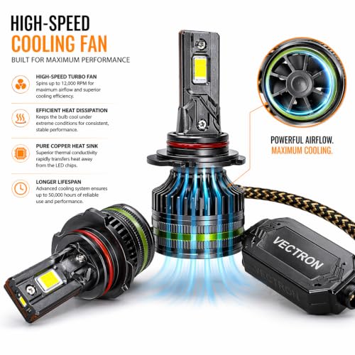 Image of VECTRON 9005 /9006 LED Headlight Bulbs for Car, 260W Super Bright 4300K Warm Golden White, Cooling Fan, IP68 Waterproof, 2 Year Warranty, Set of 2