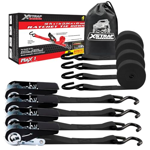 XSTRAP STANDARD Ratchet Tie Down Straps 4 Pk 10 Ft- 300 Lbs Load Cap- 900 Lbs Break Strength-Cargo Straps for UTV ATV Pickup Truck Moving Appliances Lawn Equipment Black