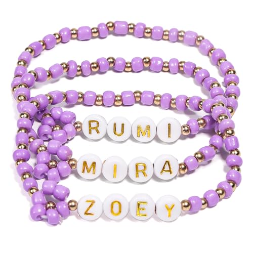 AICase for Kpop Demon Hunters Merch Rumi Zoey Mira Inspired Bracelets 3 Pcs Stackable Stretch Friendship Beaded Bracelets for Huntrix k pop Unique Merchandise Jewelry Gifts for Fans Women Men_Purple