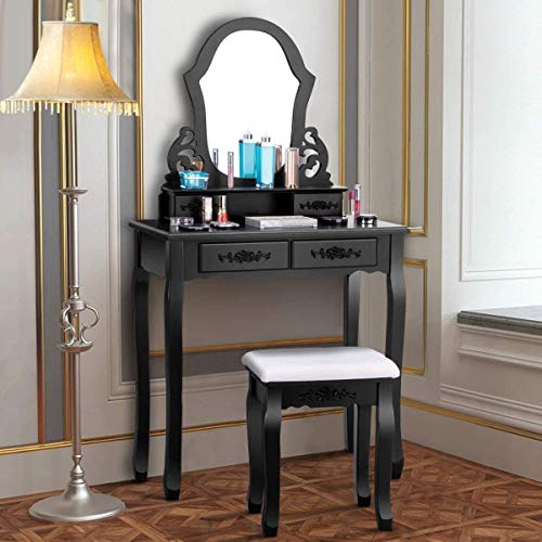Tocador negro con 4 cajones espejo y taburete para dormitorio 3