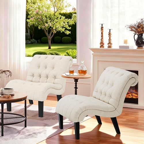 Yongqiang Accent Chairs Set of 2 Mid Century Modern Tufted Upholstered Chair for Living Room Bedroom Curved Armless Side Chairs with Wood Legs Linen Fabric