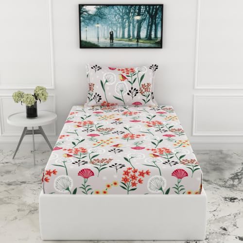 Image of LORETO - A QUALITY LINEN BRAND 144 TC 100% Pure Cotton Single Fitted Bedsheet with 1 Pillow Cover for 72 x 36 Inch Mattress, All-Around Elastic, 8 Inch Deep Pocket, Lavender Grey Spring Harmony