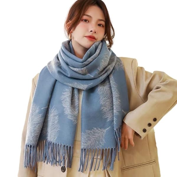 Cashmere Pashmina Shawls and Wraps, Womens Winter Scarf Shawl Stole For Women Reversible Soft Warm Blanket Scarves For Women Feather (Blue), Blue-734 (CASHMERE24734BLU)