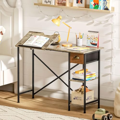 X-cosrack Small Computer Desk with Storage Drawer & Shelves, Art Desk for Kids, Tiltable Drafting Table, 25.98\" H Student Writing Desk for Bedroom & Study Room