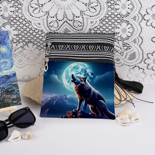 Moon Wolf Print Women Messenger Bag Adjustable Shoulder Strap for Outdoor Adventurer Crossbody Bag Daily Use Crossbody Purse Holiday Gift Birthday Present ​​for Adult Friend Wolf Lover3