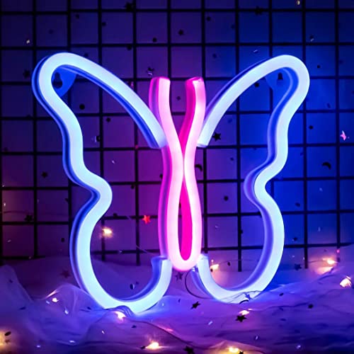 Butterfly Neon Signs Lights for Bedroom Wall Decor, USB or Battery LED Neon Night Light Wall Decoration, Aesthetic Room Decor for Girls, Kids, Living Room, Bar, Dorm, Men Cave (Butterfly Neon Sign Blue Pink)