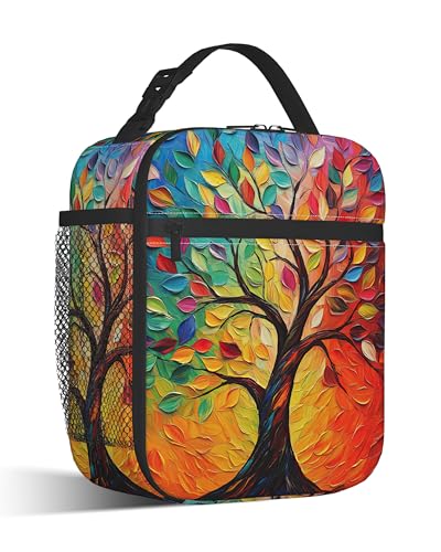 CXULIN Insulated Small Lunch Box,Tree of Life Reusable Lunch Bag for Kids Adult Women,Colorful Leaves Large Capacity Portable Thermal Bag with Mutiple Pockets for School,Work,Picnic