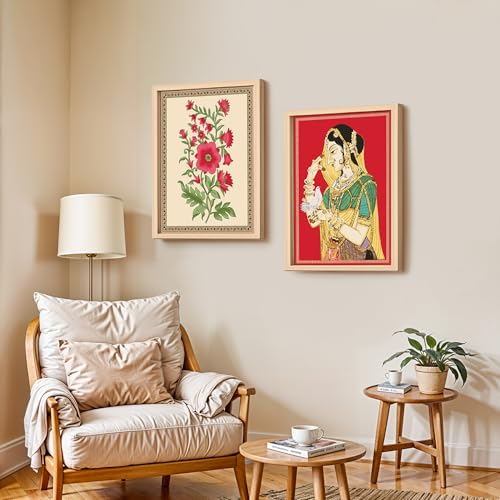Image of NoWorries Floral Traditional art Set of 2 Wall Frames /Rajasthani Theme Paintings for Wall decoration Home and Cafe Decor - Madhubani art Wall Framed Posters - Traditional Frames for Living room, Dining room and Bedroom Decor (Synthetic Wood frame) (Leminated 300 GSM Pigment Digital Print) (framed, Multicolur) Set of 2