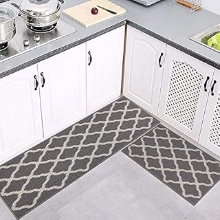 Cekene Kitchen Rug Sets Non Slip Kitchen Floor Carpet Mats Machine Washable Geometric Floor Rug for Laundry Room Entryway Kitchen(50x80cm+50x120cm,Grey)