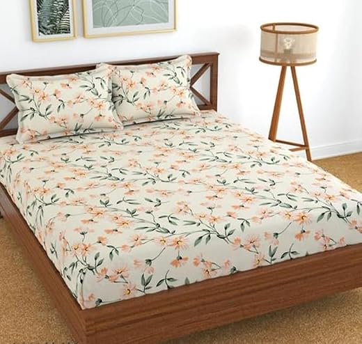 NEW TOWN Premium Cotton Feel Glace Cotton 210 Tc Elastic Fitted Bedsheets with 2 Pillow Covers Double Bed with Corner Elas...