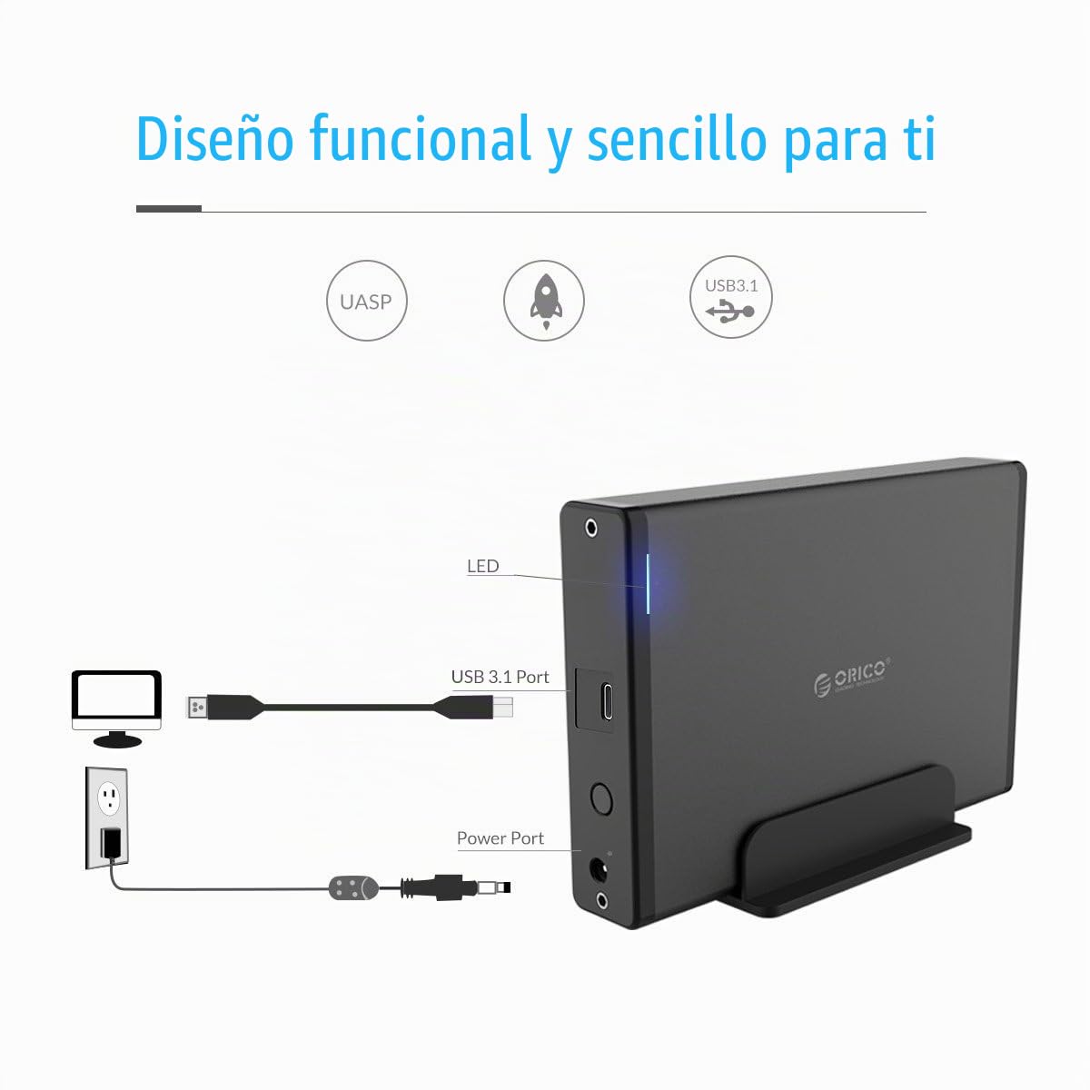 ORICO Carcasa Externa para Disco Duro 3,5 pulgadas, Adaptador USB 3.1 Gen 1 a SATA 3.0,Compatible con HDD SATA hasta 20 TB,Fuente de Alimentación 12V/2A Incluida,Indicador LED Azul-Aluminio+ABS(7688C3