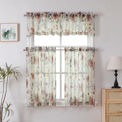 Image of OWENIE Crushed Sheer Cafe Curtains Kitchen Tiers 30 Inch Length 2 Panels, Printed Design Small Window Half Curtains for Bathroom Bedroom Cupboard Living Room, Short Light Filtering Curtain, 42 inchx30 inch