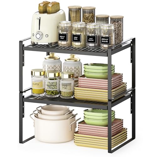 2 Pack Kitchen Countertop Organizer, Stackable Cabinet Shelf Organizer, 2 Tier Adjustable Kitchen Counter Shelves Riser For Pantry Cupboard Bathroom Organization And Storage, Desk Shelf,Spice Rack