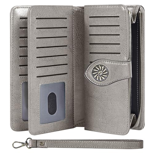 Image of Travelambo Women's Wallet RFID Blocking Credit Card Holder Large Capacity Wristlet Leather Wallets Purse, Light Grey, 7.5 inch x 4.1 inch x 1.3 inch, Retro