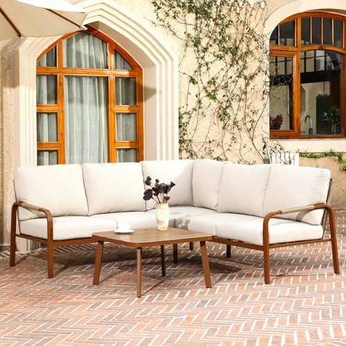 YURDAFY 4-Piece Aluminum Outdoor Furniture Set with Coffee Table – 2-Seat Sofa with Cushions, All-Weather Metal Frame, Perfect for Patio, Garden, and Balcony,Beige (Beige, Corner Sofa Set)