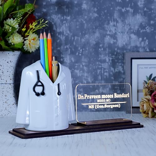 Image of Doctor Coat Pen Stand with LED Name Plate, Wooden Base, Bamboo Pen & Personalized Wooden Keyring | Customized Desk Organizer for Doctors & Medical Aspirants | Apron Shape Pencil Holder