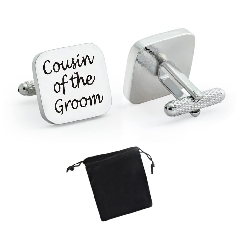 Virens Empourium Men's Silver + Black Printing Title - Cufflinks, Square Silver Wedding Cuff Links, Smart And Elegant Look, Best Man, Groom, Usher, Page Boy, Dad, Brother, And More Cufflink Titles (Cousin Of The Groom)