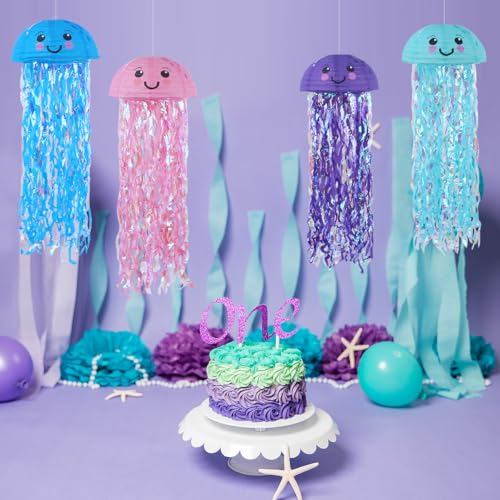 Image of Jellyfish Paper Lanterns Under The Sea Party Decorations Hanging Smile Face Jellyfish Lanterns for Baby Shark Mermaid Birthday Party Decorations Baby Shower Classroom Decor Pack of 4 Mix