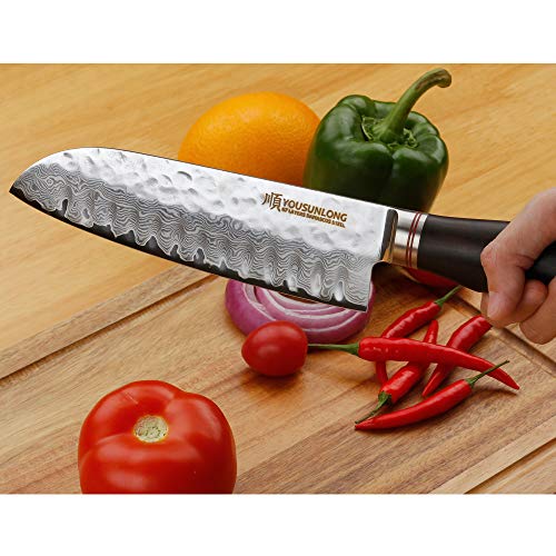 YOUSUNLONG Santokumes 7 inch (17,8 cm)) koksmes Japans VG10 gehamerd damaststaal houten handvat gemaakt van natuurlijk ebbenhout met lederen schede - Image 8