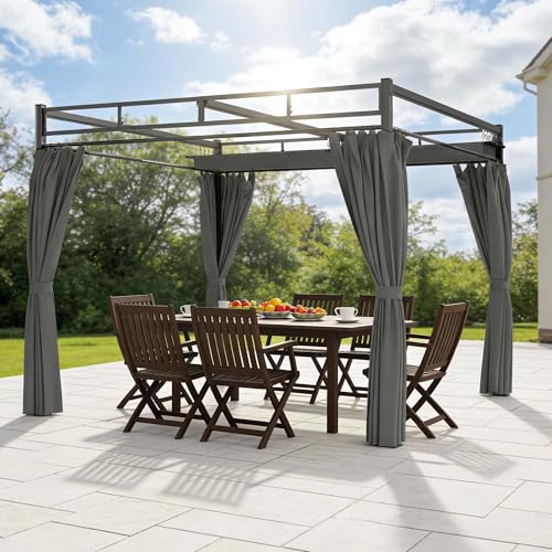 Outsunny 3 x 3 m Pergola with Retractable Roof Canopy and Curtains, UPF30+ Metal Frame Garden Pergola Sun Shade Shelter for Grill, Patio, Deck, Dark Grey - Image 9