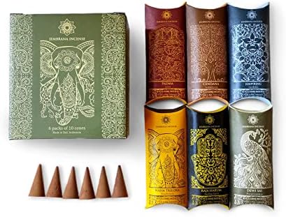 Jembrana Incense Cones- Mix 6 Scents (60 Cones Total), 10 Cones Each of Lotus (Padma), Sandalwood, Gardenia, Maha Triloka, Raja Harum & Dewi Sai (Amber), Gift Sets from Bali Soap