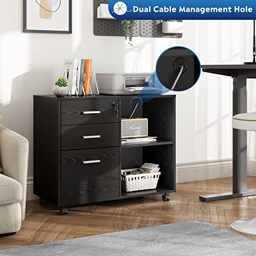 Devaise 3-Drawer Wood File Cabinet With Lock, Mobile Lateral Filing Cabinet, Black #TOP1