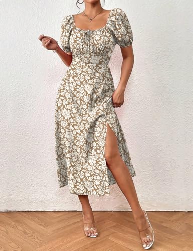 Image of SPRIME Women's Floral Summer Casual Dress Square Neck Puff Sleeve Boho Midi Dresses Ruched Bust High Waist Split Long Dress