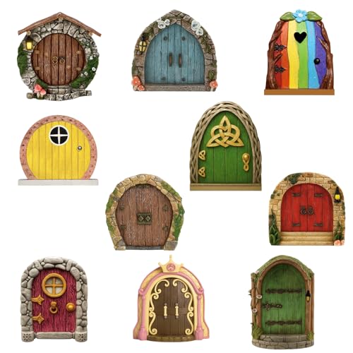 JcvPot 10 Stück Wichtel Tür Set, Feentür Garten, Hölzerne Tiny...