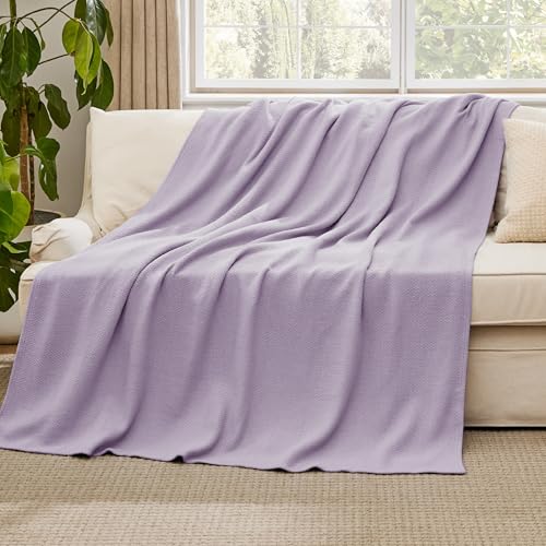 Image of Bedsure 100% Cotton Blanket, Herringbone Weave, Throw XL, Light Purple
