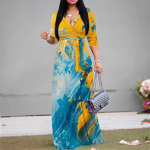 Image of PinkPatty Women's Print Maxi Dresses 3 /4 Sleeve Flowy Long Dress V Neck Wrap Tie Waist Sundress