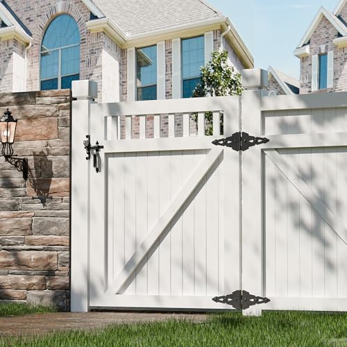 SANKEYTEW 8" Heavy Duty Decorative Strap Hinges and Spring Loaded Latch Kit with Screws for Outdoor Fence Swing Gate Black Finish，Wood Gate Hardware Set，with Handle (1, Black) by SANKEYTEW - Used condition - Image 5