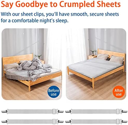 Bed Sheet Clips, 55 cm-250 cm Adjustable Bed Sheet Straps, Upgraded Elastic Sheet Fasteners for Bedding, Fitted Bed Sheet Grippers to Keep Your Sheets in Place,4Pcs