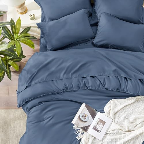 Image of Andency Full Size Comforter Set Bluish Grey -7 Pieces Boho Tassel Bed in a Bag Soft Lightweight Bedding Sets, Fringe All Season Bed Set with Comforter, Sheets, Pillowcases & Shams