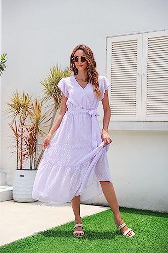 Image of VintageClothing Womens Sundress Casual Floral Summer Boho Dress | Flowy Wrap V Neck Ruffle A-Line Pleated Hem Midi Dresses