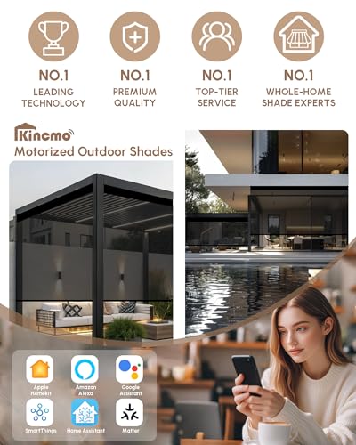 Image of Kincmo Motorized Outdoor Shades for Patio Porch, Custom Outdoor Motorized Blinds with Remote, Waterproof & Windproof Patio Shades Work with Apple Home,Alexa,Google (Black-5% Openness)