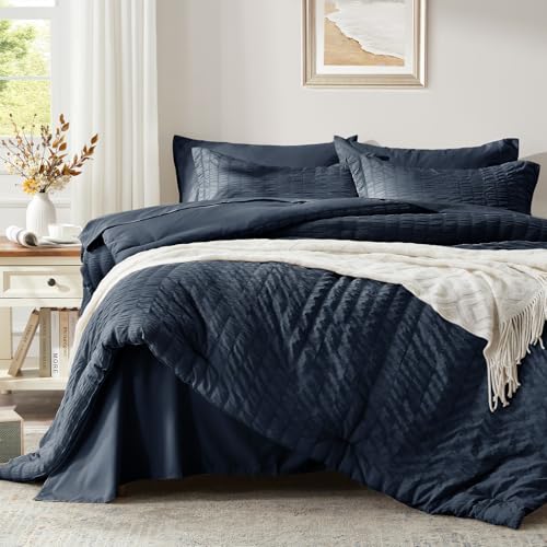 Image of Zzlpp King Comforter Set 7 Pieces, Navy Blue Seersucker Bed in a Bag with Comforter, 2 Pillow Shams, 2 Pillowcases, 1 Flat Sheet, 1 Fitted Sheet