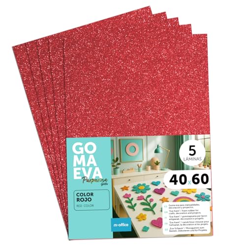 m-office Goma Eva de Purpurina para Manualidades, Goma Espuma de Colores para Proyectos Creativos, Ideales para Artes y Manualidades, uso Escolar o Profesional 40x60cm (Rojo Purpurina, 5 uds)